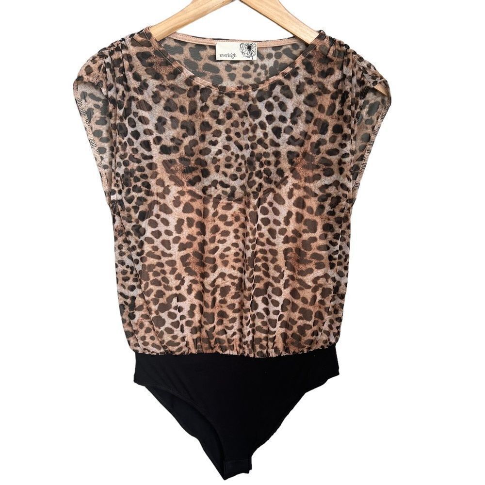 Anthro Everleigh Leopard Print Mesh Bodysuit Top w/Cami size Small Sleeveless